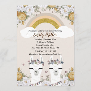 Alpaca Twins Baby shower Invitation Gold Kaart