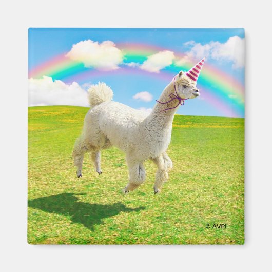 Alpaca Unicorn onder regenbooghemel Magneet (Voorkant)