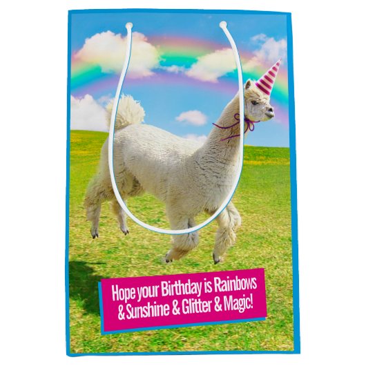 Alpaca Unicorn onder regenbooghemel Medium Cadeauzakje (Voorkant)
