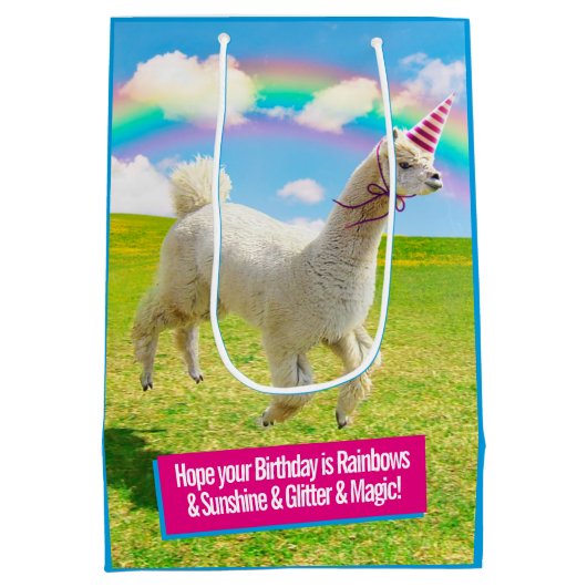 Alpaca Unicorn onder regenbooghemel Medium Cadeauzakje (Achterkant)