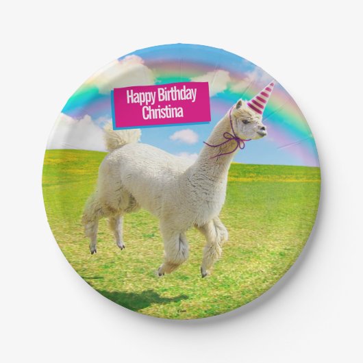 Alpaca Unicorn onder regenbooghemel Papieren Bordje (Voorkant)