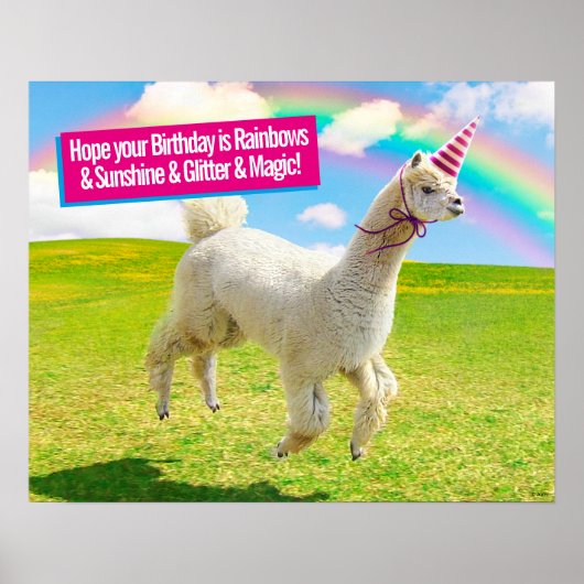 Alpaca Unicorn onder regenbooghemel Poster (Voorkant)