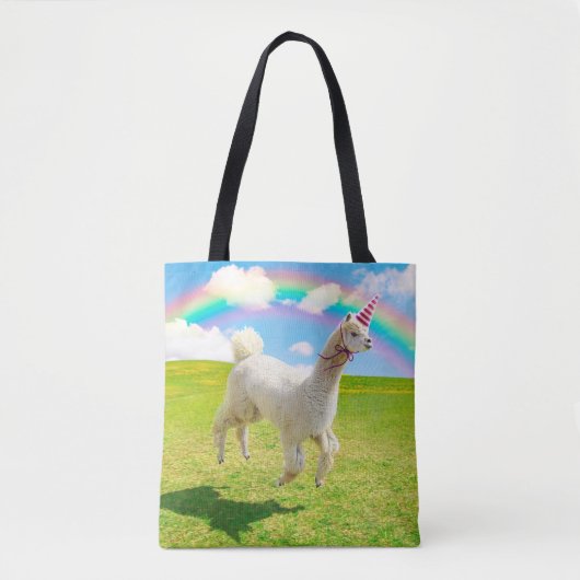 Alpaca Unicorn onder regenbooghemel Tote Bag (Voorkant)