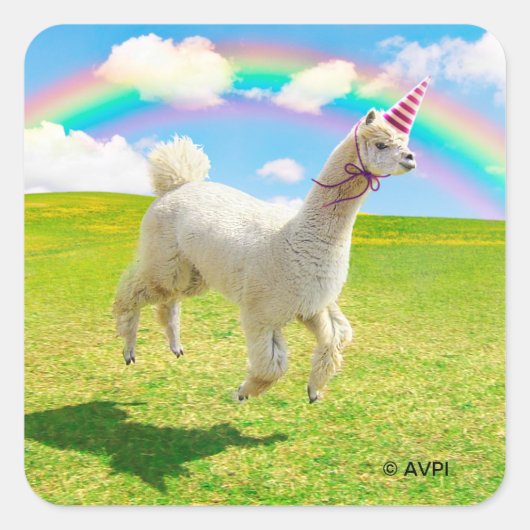 Alpaca Unicorn onder regenbooghemel Vierkante Sticker (Voorkant)