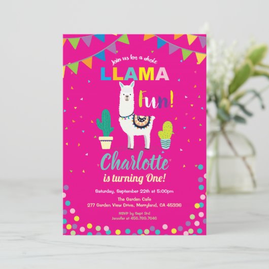 Alpaca verjaardagsuitnodiging meisje eerste 1e dag kaart (Staand voorkant)