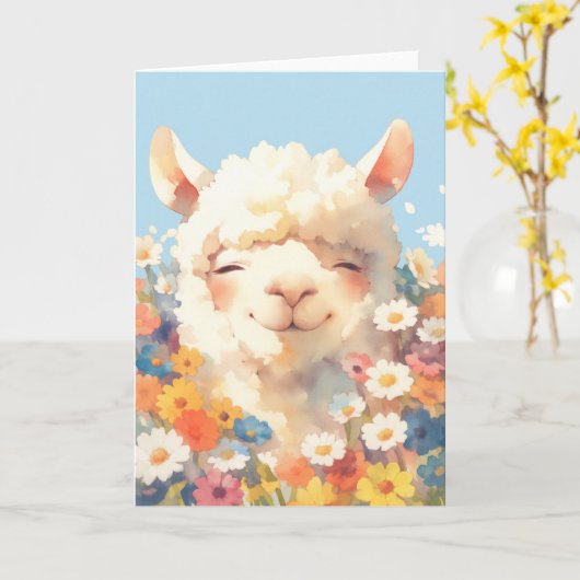 Alpaca verstopt zich in bloemen kaart (Gele Bloem)