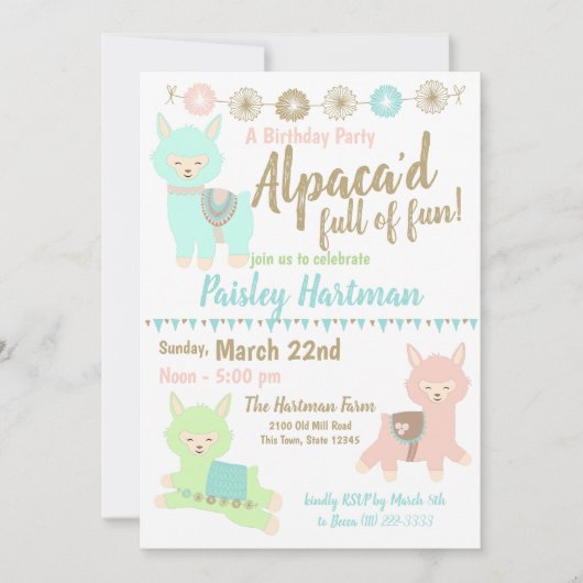 Alpaca vol met leuke verjaardagsfeestje kaart (Voorkant)