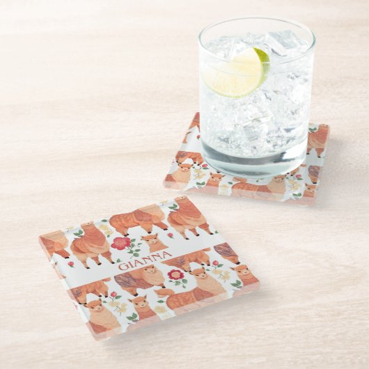 Alpaca Waterverf Kleurrijke Gepersonaliseerde Patr Glazen Onderzetter (Schuin)