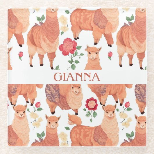 Alpaca Waterverf Kleurrijke Gepersonaliseerde Patr Glazen Onderzetter (Voorkant)