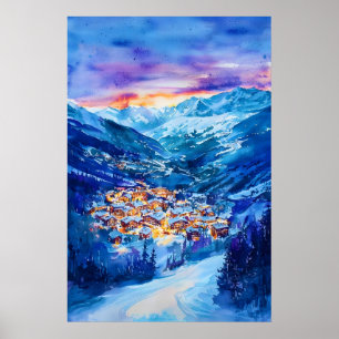Alpe Dhuez Aquarel Vintage Reisposter Skiën Poster