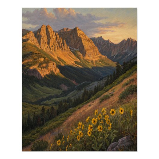 Alpenglow Symphony: Golden Peaks Guarding the Sun- Perfect Poster (Voorkant)