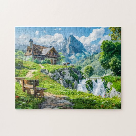 Alpenhuisje bij bergwaterval legpuzzel (Horizontaal)