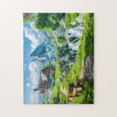 Alpenhuisje bij bergwaterval legpuzzel (Verticaal)