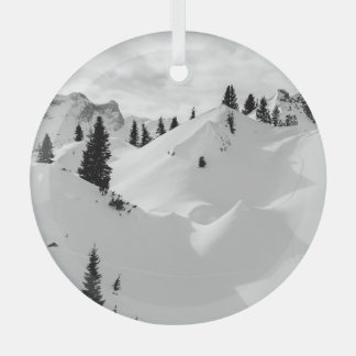 Alpenlandschap: besneeuwde brandbomen bergen glas ornament