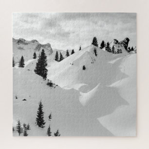Alpenlandschap: besneeuwde brandbomen bergen legpuzzel