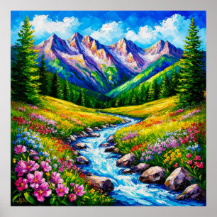 Alpenlandschap met bloeiende wilde bloemen poster