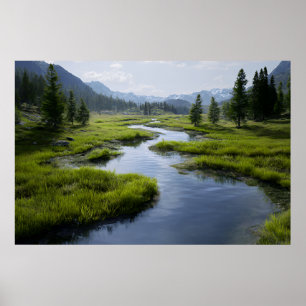 Alpenvallei Stroom Groene Weiden Besneeuwde Toppen Poster