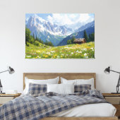 Alpenweide met bloemen en klein huisje canvas afdruk (Insitu (Slaapkamer))