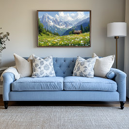 Alpenweide met bloemen en klein huisje canvas afdruk