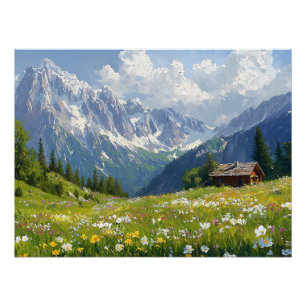 Alpenweide met bloemen en klein huisje perfect poster