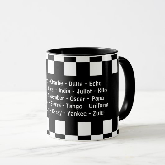 Alpha Bravo Charlie Echo fonetisch alfabet Mok (Voorkant rechts)