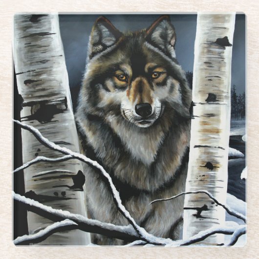 Alpha Timber Wolf Populierbomen Glazen Onderzetter (Voorkant)