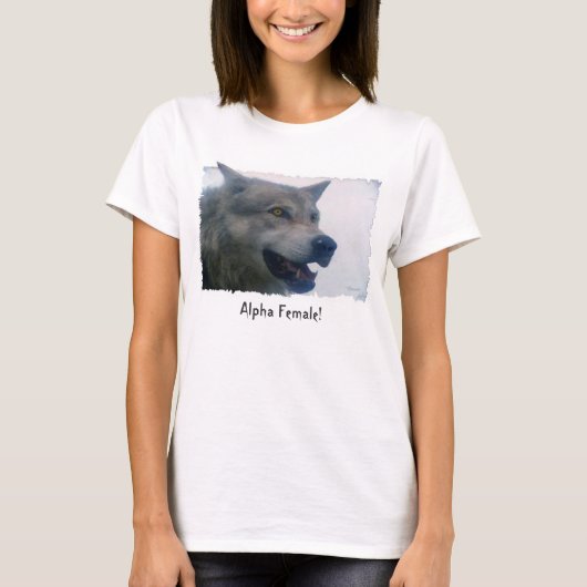 "ALPHA VROUW" Fun Grey Wolf Mode T-shirt (Voorkant)