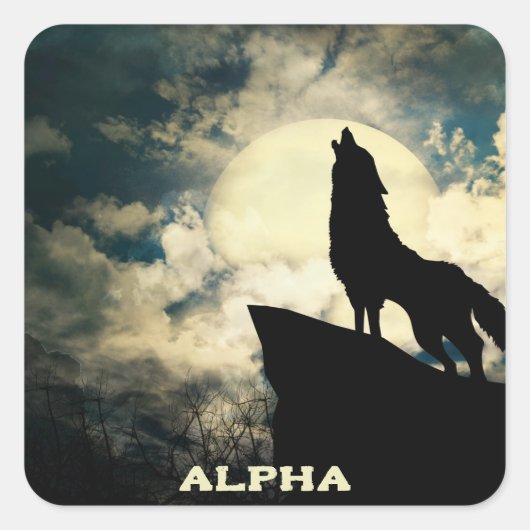 Alpha Wolf die naar de volle maan kijkt Vierkante Sticker (Voorkant)