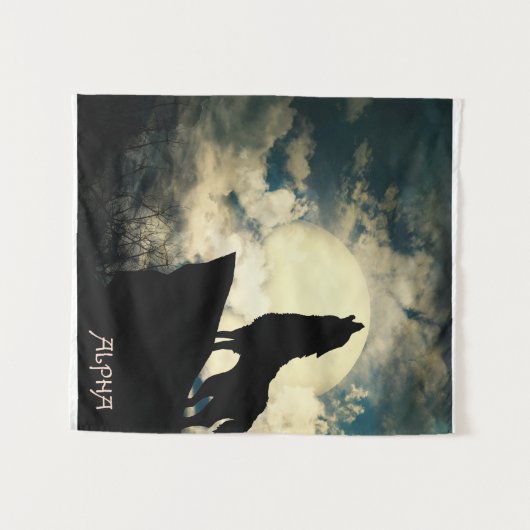 Alpha Wolf die 's nachts bij de volle maan springt Wandkleed (Voorkant (horizontaal))