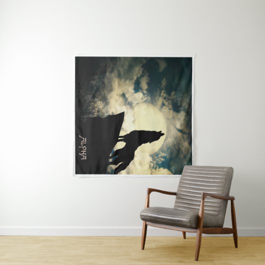 Alpha Wolf die 's nachts bij de volle maan springt Wandkleed (In Situ (horizontaal))