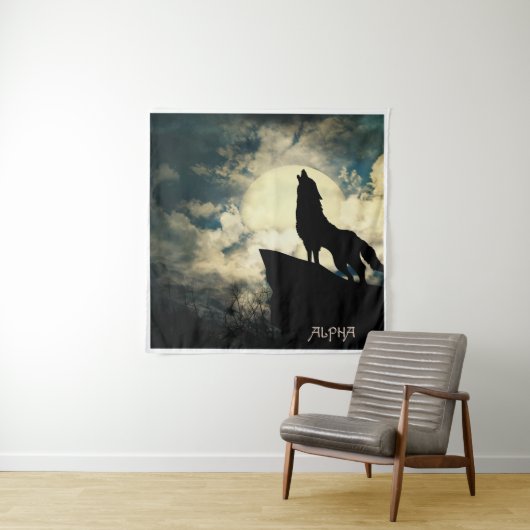 Alpha Wolf die 's nachts bij de volle maan springt Wandkleed (In situ)