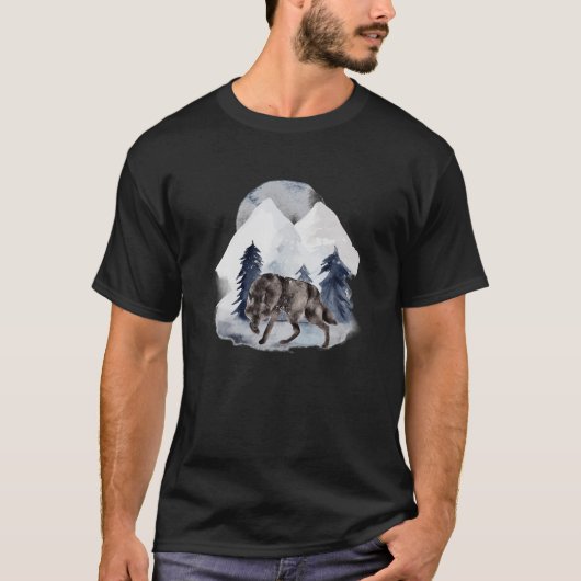 Alpha Wolf Waterverf Snow Mountains Winter Moon W T-shirt (Voorkant)