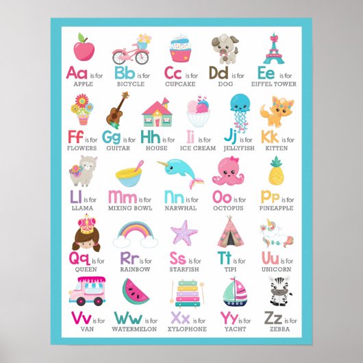 Alphabet A t/m Z Kinder Baby Nursery on Blue Poster (Voorkant)