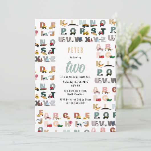 Alphabet ABC Trucks, Voertuigen Kinderverjaardag Kaart (Staand voorkant)