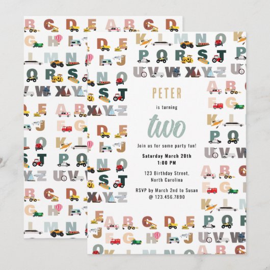 Alphabet ABC Trucks, Voertuigen Kinderverjaardag Kaart (Voorkant / Achterkant)