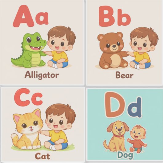 Alphabet Animals Sticker Sheet A–D (Voorkant)