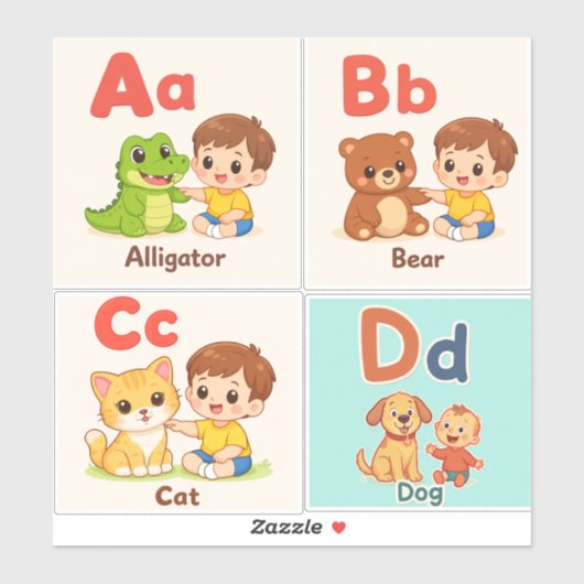 Alphabet Animals Sticker Sheet A–D (Vel)