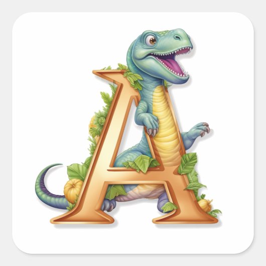 Alphabet Avontuur: Een voor Dinosaurus Vierkante Sticker (Voorkant)