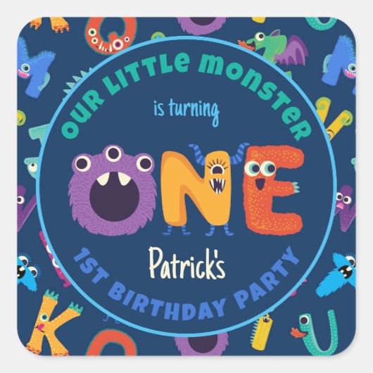 Alphabet Monsters 1e Verjaardag Ons Kleine Monster Vierkante Sticker (Voorkant)