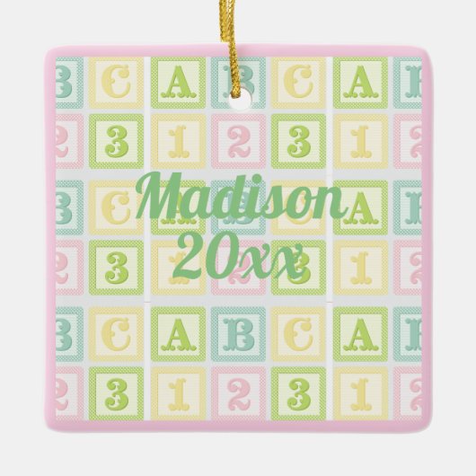 Alphabet Persoonlijk Jaar Roze Pastels Girl Keramisch Ornament (Voorkant)