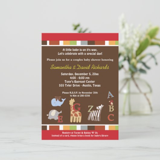 Alphabet Soup Oerwoud Baby shower Invite (bruin) Kaart (Staand voorkant)