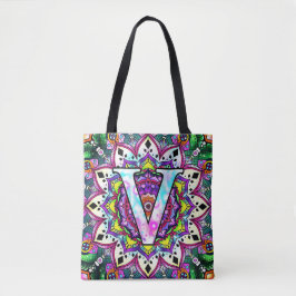 Alphabet V mandala Tote Bag