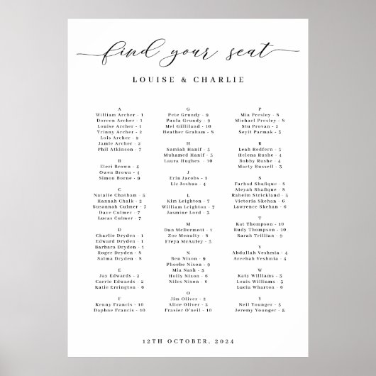 Alphabetical Elegant Wedding Seating Chart Poster (Voorkant)