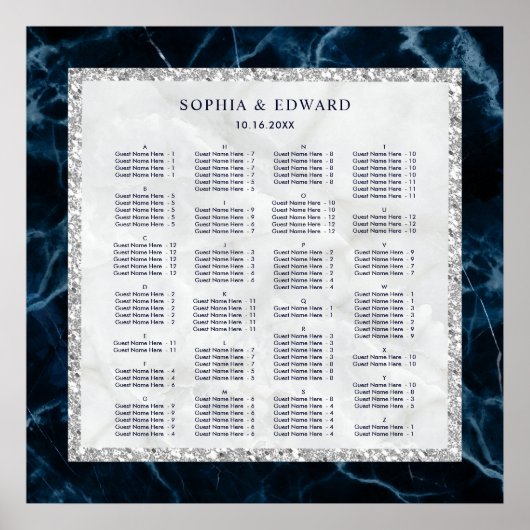 ALPHABETISCH ORDER Marble Wedding Seding Chart Poster (Voorkant)