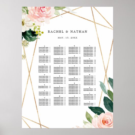 ALPHABETISCHE Orde Floral Wedding Seding Chart Poster (Voorkant)