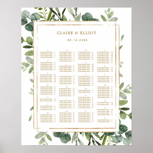 ALPHABETISCHE ORDE Gold Greenery Wedding Seating Poster (Voorkant)