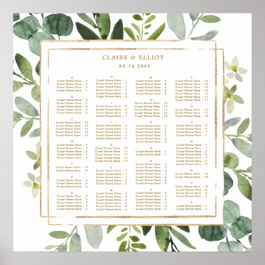 ALPHABETISCHE ORDE Gold Greenery Wedding Seating Poster (Voorkant)