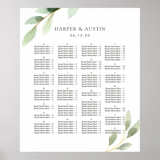 ALPHABETISCHE ORDE Green Wedding Seding Chart Poster (Voorkant)