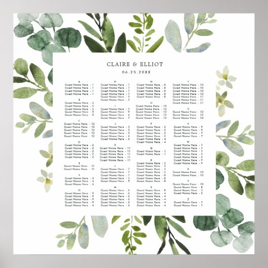 ALPHABETISCHE ORDER Greenery Wedding Seding Chart Poster (Voorkant)