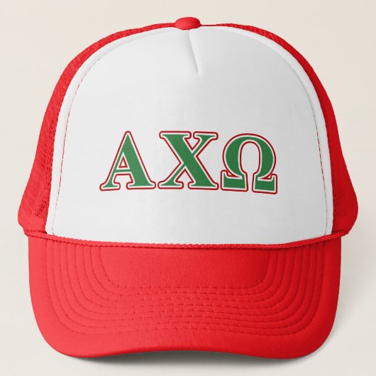 Alphi Chi Omega Groene en Rode Letters Trucker Pet (Voorkant)